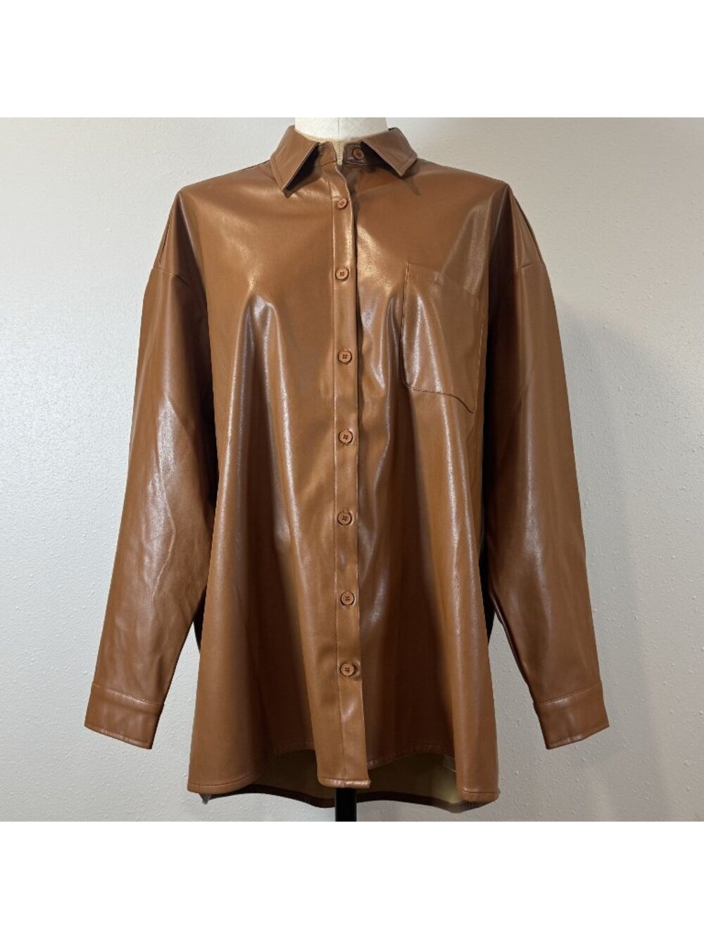 HYFVE Faux Leather Shirt Jacket Womens Size S Brown Lined Outerwear Button Vegan